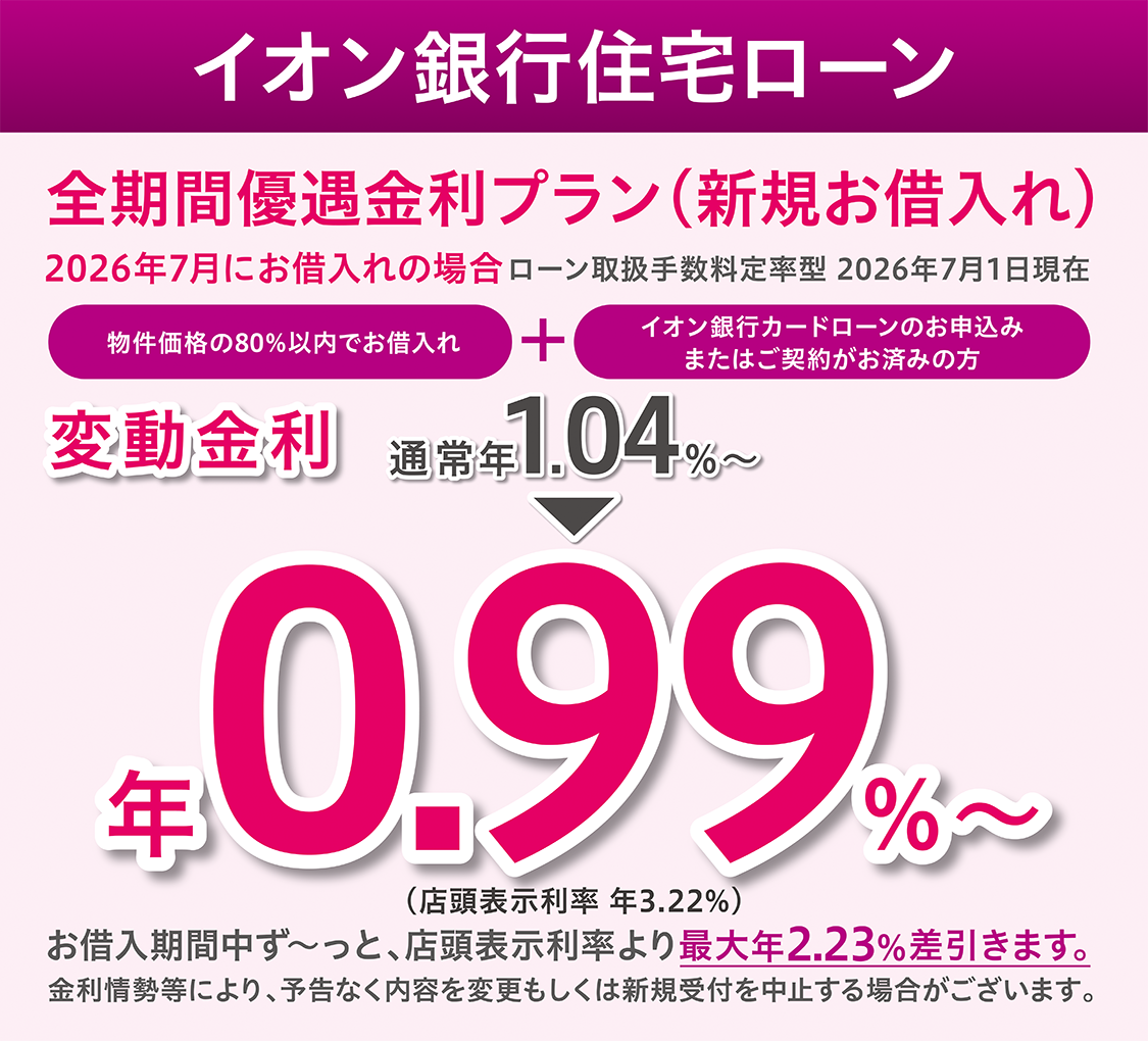 イオン銀行住宅ローン 全期間優遇金利プラン（新規お借入れ）物価価格の80％以内でお借入れ＋イオン銀行カードローンのお申込みまたはご契約がお済みの方 金利情勢等により、予告なく内容を変更もしくは新規受付を中止する場合がございます。
