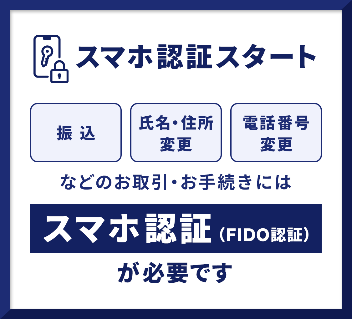 スマホ認証スタート 「振込」「氏名・住所変更」「電話番号変更」などのお取引・お手続きにはスマホ認証（FIDO認証）が必要です
