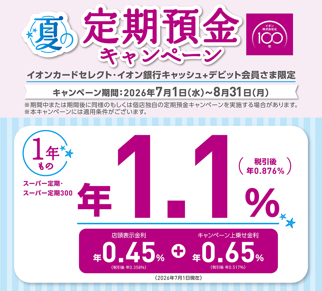夏の定期預金キャンペーン イオンカードセレクト・イオン銀行キャッシュ+デビット会員さま限定 キャンペーン期間：2026年7月1日（水）～8月31日（月） ※期間中または期間後に同様のもしくは個店独自の定期預金キャンペーンを実施する場合があります。 ※本キャンペーンには適用条件がございます。