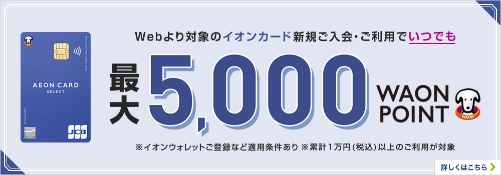 Webより対象のイオンカード新規ご入会・ご利用でいつでも最大5,000WAON POINT ※イオンウォレットご登録など適用条件あり ※累計1万円（税込）以上のご利用が対象 詳しくはこちら