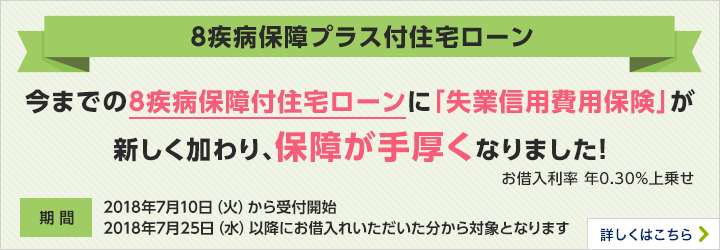 8疾病保障プラス付住宅ローン 今までの8疾病保障プラス付住宅ローンに「失業信用費用保険」が新しく加わり、保障が手厚くなりました！お借入利率年0.30％上乗せ 期間 2018年7月10日（火）から受付開始 2018年7月25日（水）以降にお借入れいただいた分から対象となります 詳しくはこちら