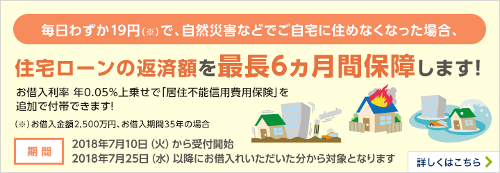 毎日わずか19円（※）で、自然災害などでご自宅に住めなくなった場合、住宅ローンの返済額を最長6ヵ月保障します！お借入利率年0.05％上乗せで「居住不能信用費用保険」を追加で付帯できます！（※）お借入金額2,500万円、お借入期間35年の場合 期間 2018年7月10日（火）から受付開始 2018年7月25日（水）以降にお借入いただいた分から対象となります 詳しくはこちら