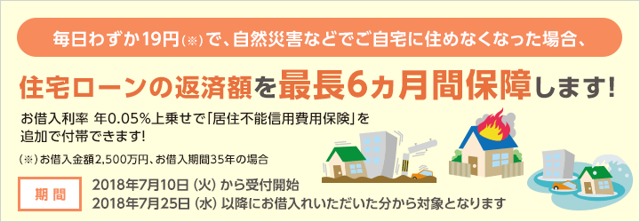 毎日わずか19円（※）で、自然災害などでご自宅に住めなくなった場合、住宅ローンの返済額を最長6カ月保障します！お借入利率年0.05％上乗せで「居住不能信用費用保険」を追加で付帯できます！（※）お借入金額2,500万円、お借入期間35年の場合 期間 2018年7月10日（火）から受付開始 2018年7月25日（水）以降にお借入いただいた分から対象となります