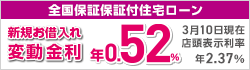 全国保証保証付住宅ローン（新規お借入れ）変動金利 年利率0.43% 3月10日現在 店頭表示利率 年2.37%