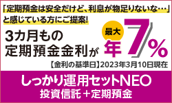 「定期預金は安全だけど、利息が物足りないな…」と感じている方にご提案！ 3カ月もの定期預金金利が最大年7％ 金利の基準日2023年3月10日現在 しっかり運用セットNEO 投資信託＋定期預金