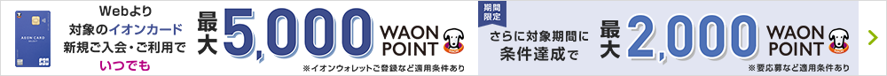 Web限定 対象のカード新規ご入会・ご利用で最大11,000WAON POINTもらえる! ※イオンウォレットご登録など適用条件あり ※累計1万円(税込)以上のご利用が対象 基本得点5,000WAON POINT ※本キャンペーン終了後にも継続提供する特典です \ご利用条件達成で/さらに6,000WAON POINT お申込期間:2024.1.8[月・祝]まで ※今後同様のキャンペーン実施の可能性あり 詳しくはこちら
