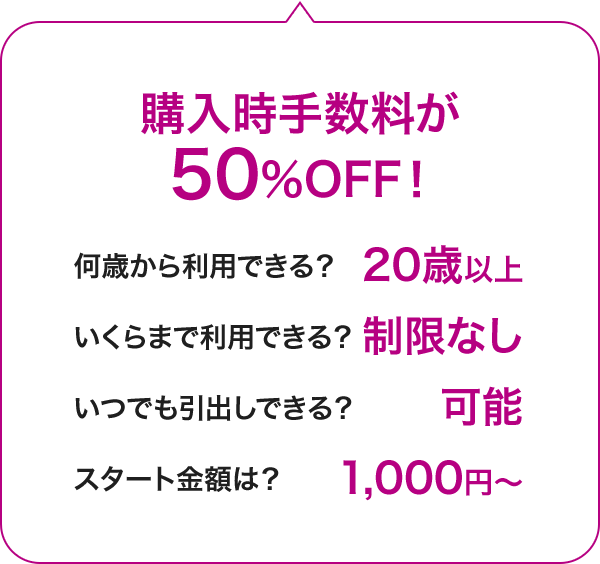 購入時手数料が50％OFF！何歳から利用できる？20歳以上。いくらまで利用できる？制限なし。いつでも引出しできる？可能。スタート金額は？1,000円から。