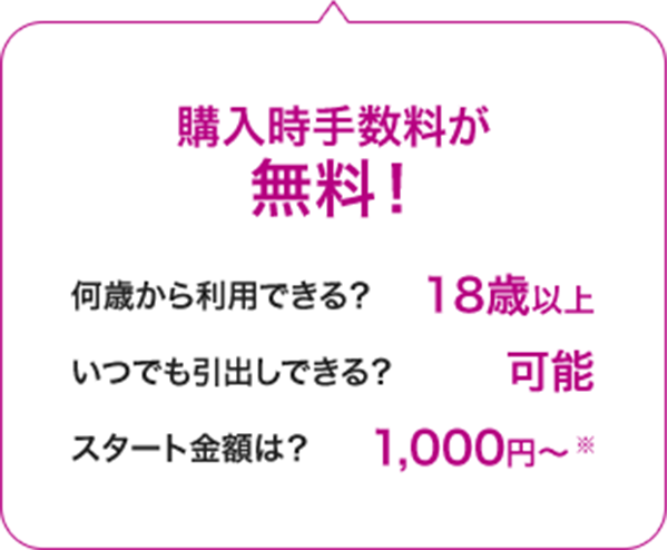 購入時手数料が無料！何歳から利用できる？18歳以上。いくらまで利用できる？制限なし。いつでも引出しできる？可能。スタート金額は？1,000円から。※