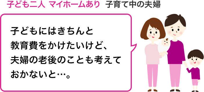 子ども二人　マイホームあり　子育て中の夫婦：子どもにはきちんと教育費をかけたいけど、夫婦の老後のことも考えておかないと…。