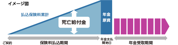 イメージ図：ご契約から年金支払開始日（保険料払込期間）、払込保険料累計、死亡給付金、年金原資。年金受取期間。