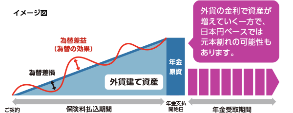 イメージ図：ご契約から年金支払開始日（保険料払込期間）、為替差損、為替差益（為替の効果）、外貨建て資産、年金原資。（外貨の金利で資産が増えていく一方で、日本円ベースでは元本割れの可能性もあります。）年金受取期間