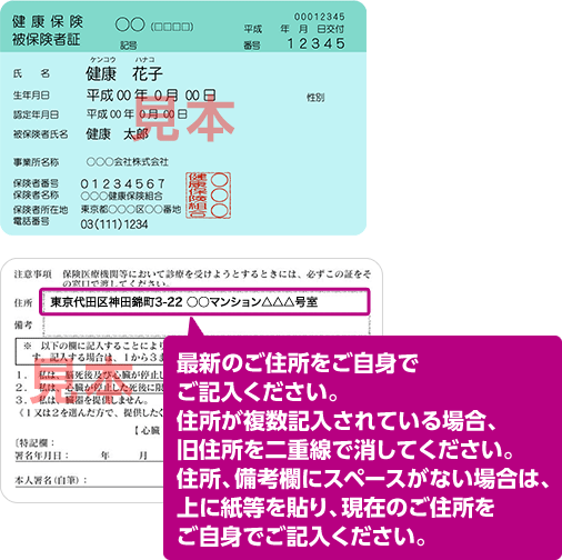 最新のご住所をご自身でご記入ください。住所が複数記入されている場合、旧住所を二重線で消してください。住所、備考欄にスペースがない場合は、上に紙等を貼り、現在のご住所をご自身でご記入ください。