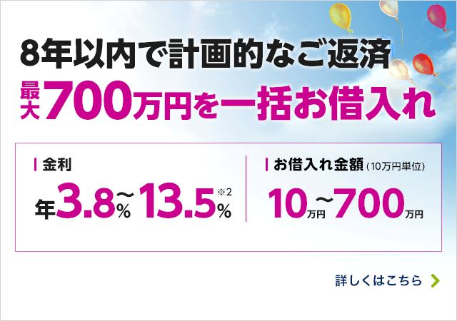 8年以内で計画的なご返済 最大700万円を一括お借入れ 金利年3.8％～13.5％ お借入れ金額（10万円単位 ）10万円～700万円 詳しくはこちら