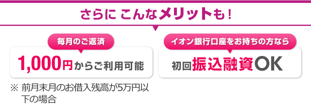 さらに こんなメリットも！ 毎月のご返済 1,000円からご利用可能 イオン銀行口座をお持ちの方なら 初回振込融資OK