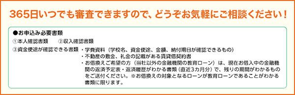 365日いつでも審査できますので、どうぞお気軽にご相談ください！●お申込み必要書類①本人確認書類②収入確認書類③資金使途が確認できる書類 ・学費資料（学校名、資金使途、金額、納付期日が確認できるもの）・不動産の敷金、礼金の記載がある賃貸借契約書・お借換えご希望の方（当社以外の金融機関の教育ローン）は、現在お借入中の金融機関の返済予定表・返済履歴がわかる書類（直近3カ月分）で、残りの期間がわかるものをご送付ください。※お借換えの対象となるローンが教育ローンであることがわかる書類に限ります。